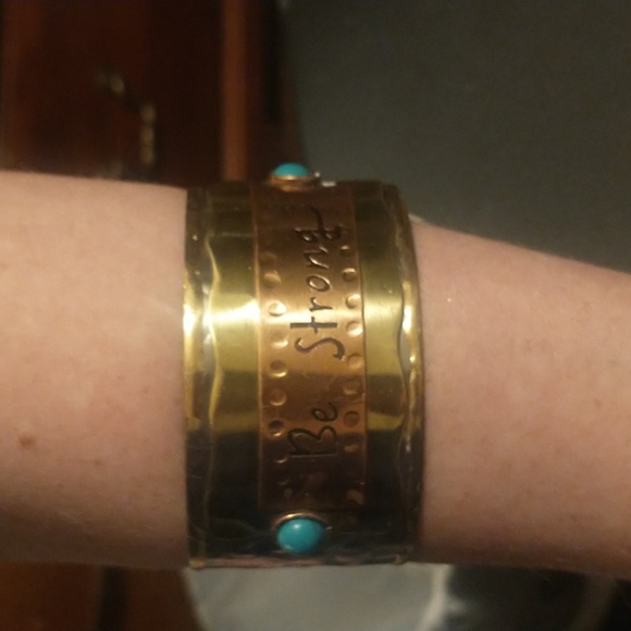 ICON Oversized Cuff Bracelet Metallic tooled metals w/ beaded accents BE STRONG! - Picture 3 of 9